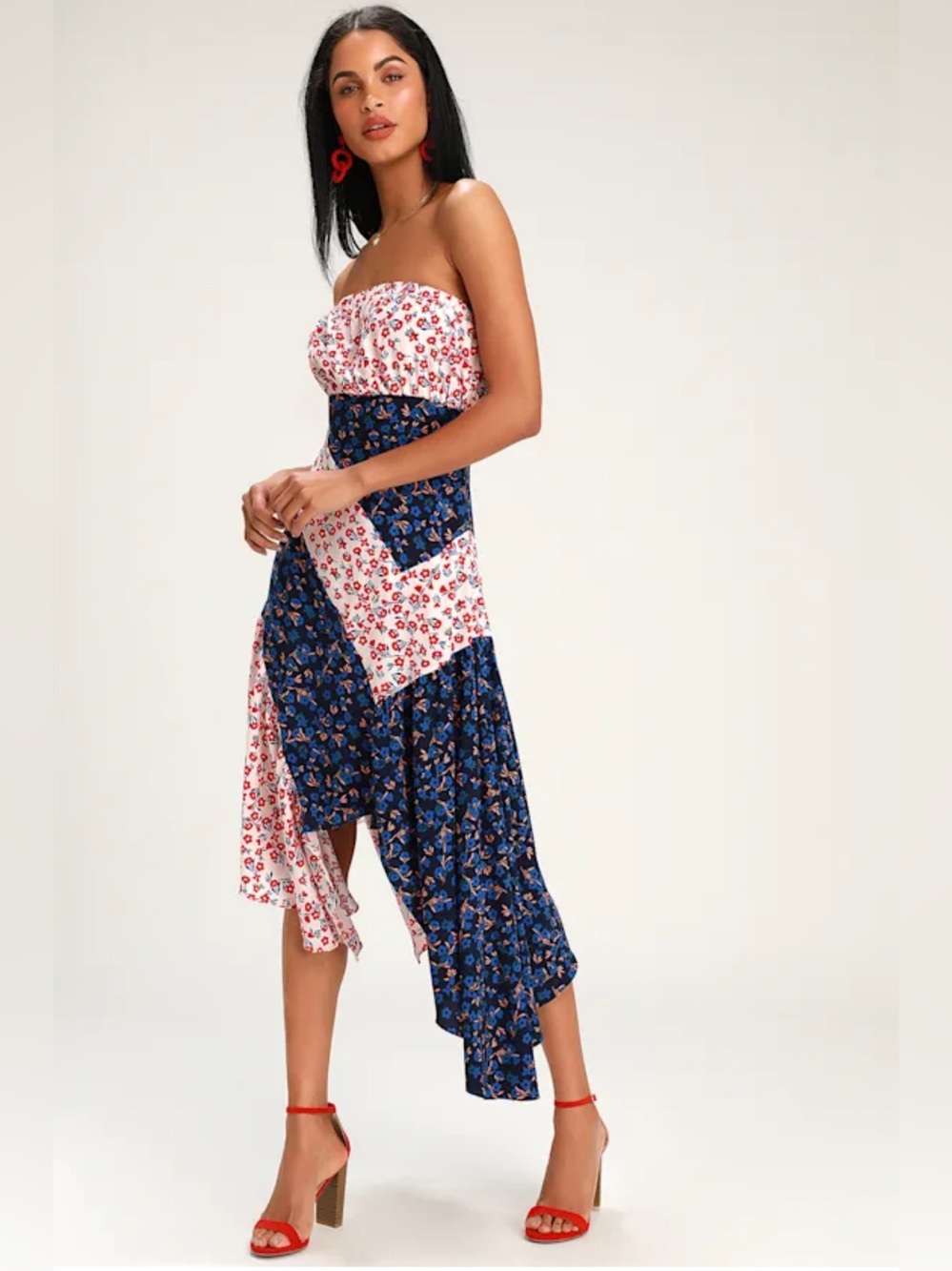 LULUS Strapless Patchwork‎ Floral Midi Dress  XL